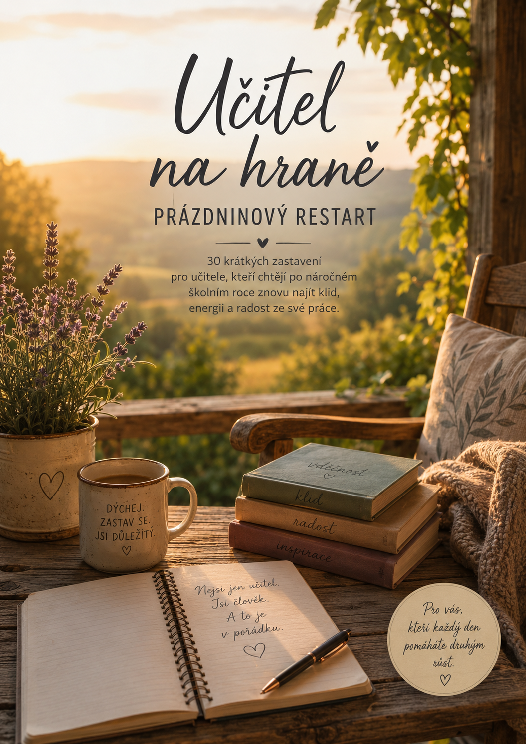 Otevřená kniha, hrnek čaje a levandule při západu slunce